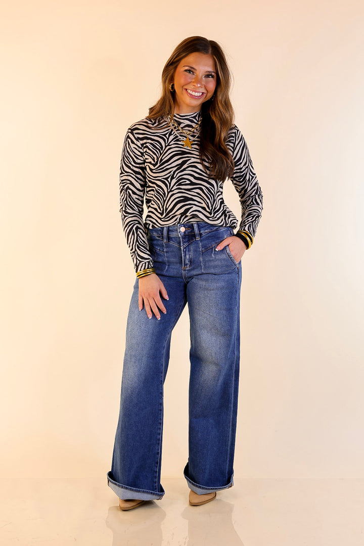 Sheer Confidence Zebra Print Mesh Long Sleeve Top in Black and Ivory