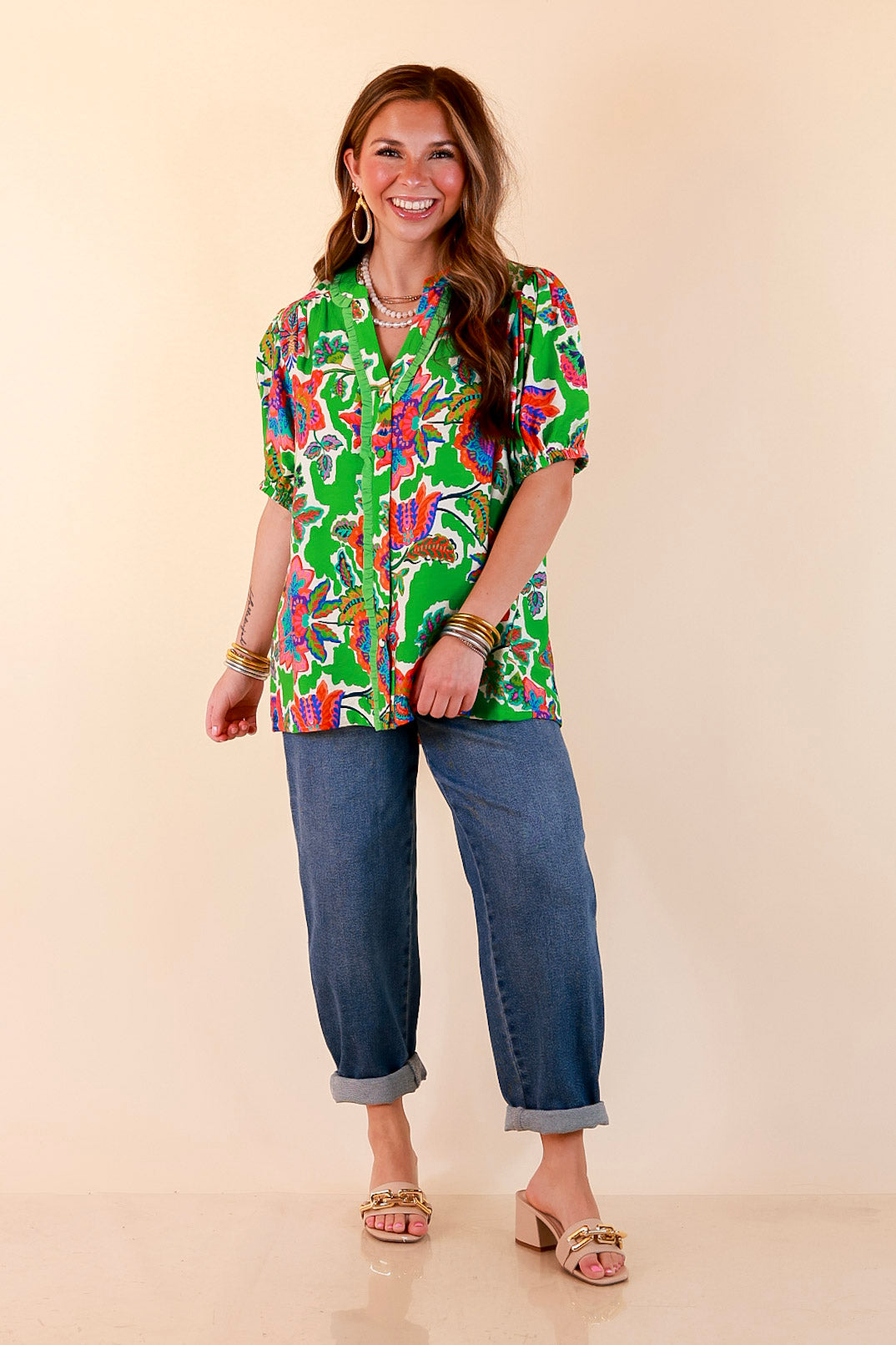 Petal Pop Floral Print Ruffle Front Button Up Top with Puff Sleeves in Green