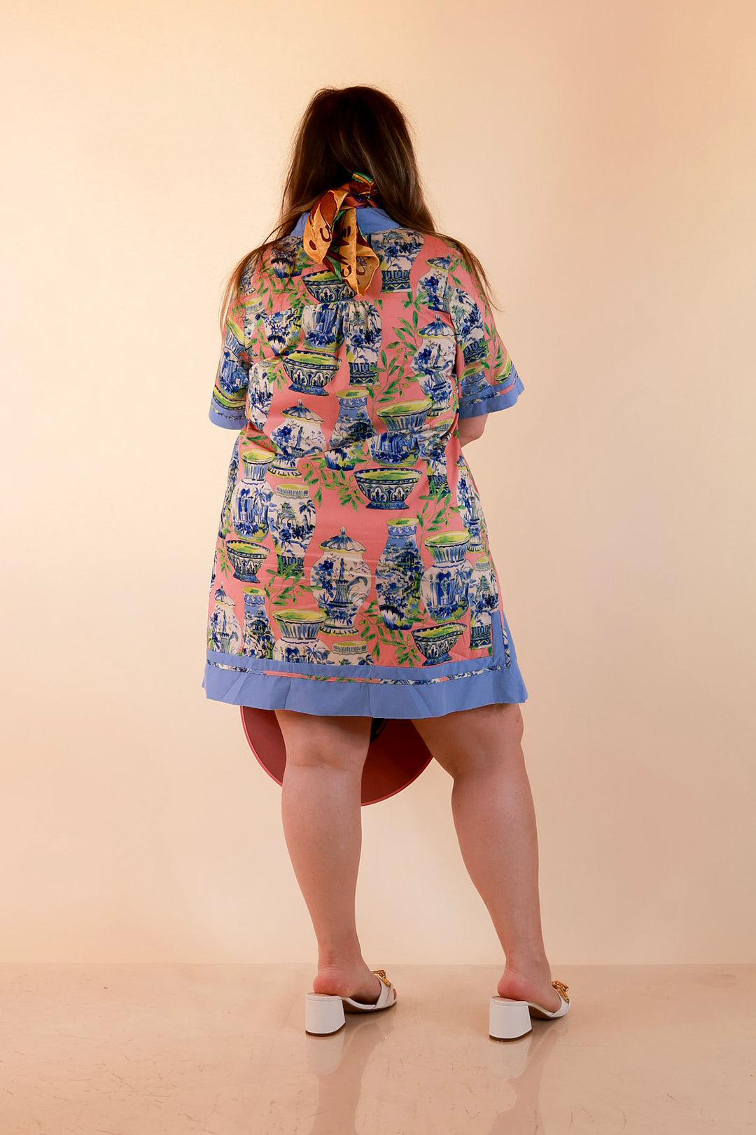 Postcards from Paradise Vase Print Contrast Trim Shift Dress in Coral Pink Multi
