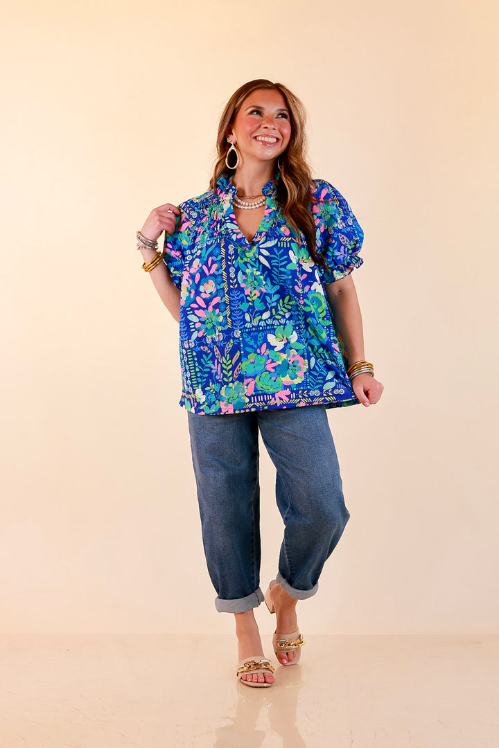 Living in Color Watercolor Floral Print Textured Top with Puff Sleeves in Royal Blue