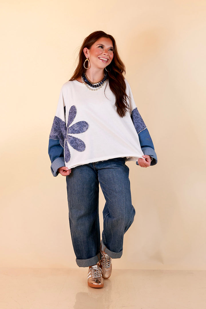 Blooming Details Oversized Floral Appliqué Contrast Sleeve Raw Hem Top in Ivory and Denim Blue
