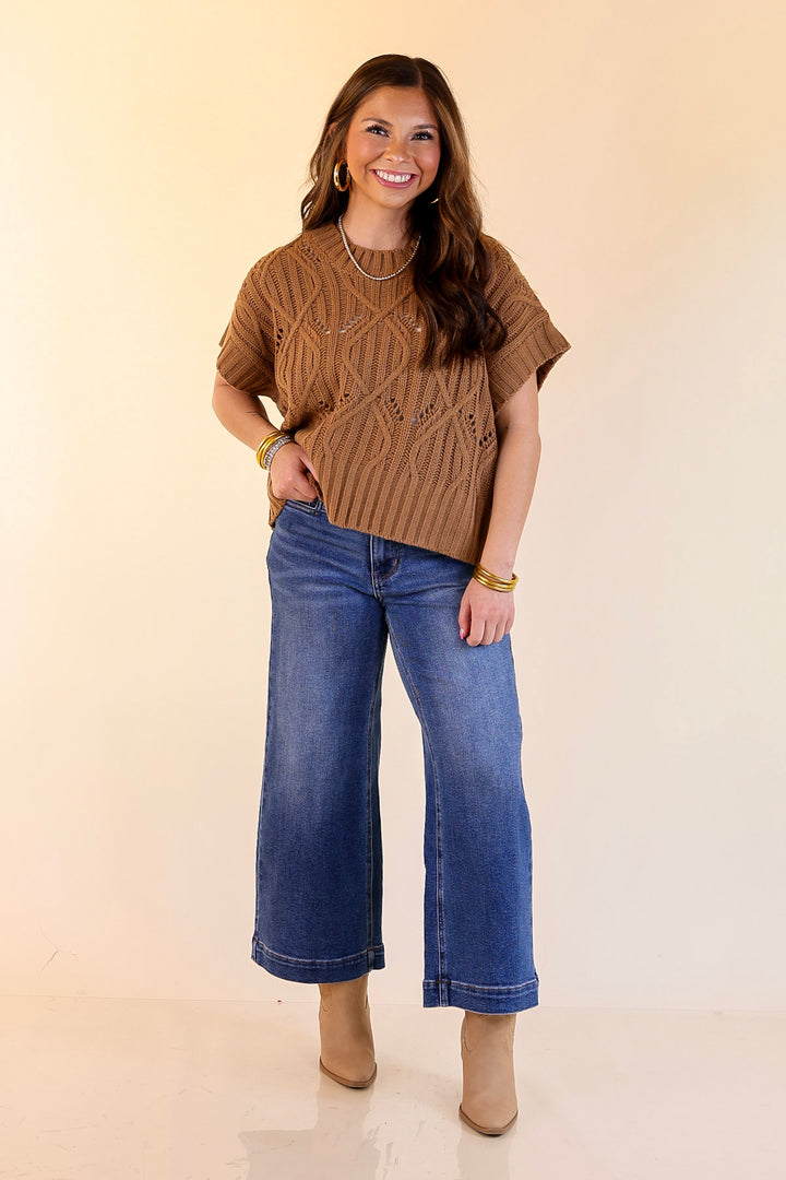 Knit to Last Cable Knit Short Sleeve Sweater Top in Camel Brown