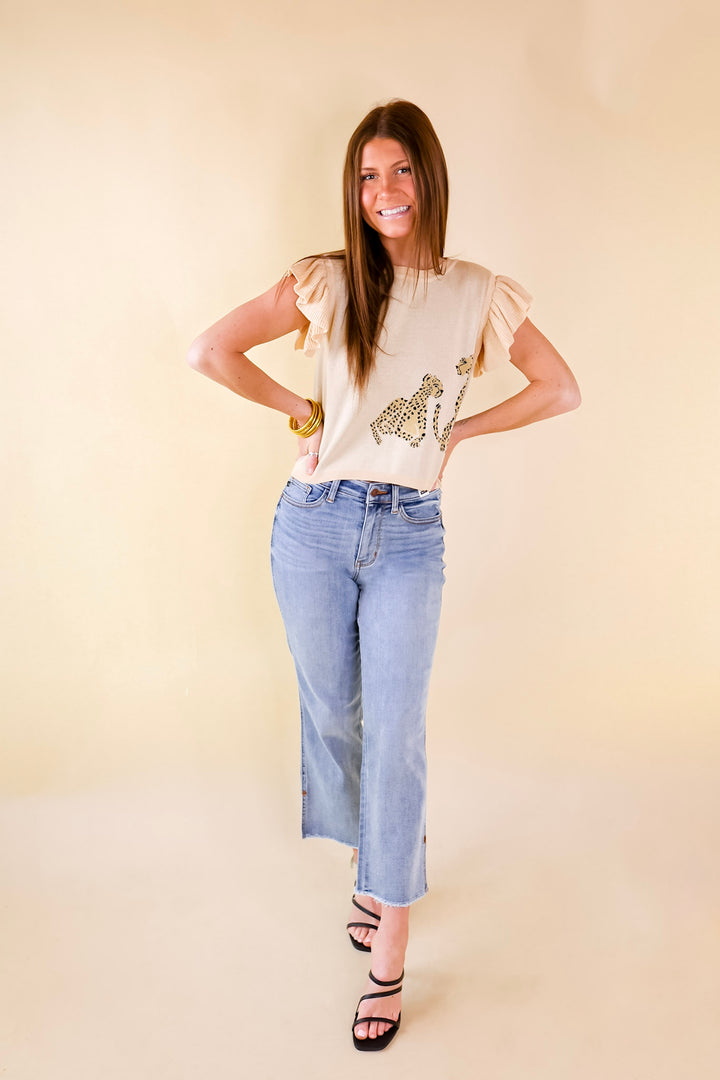 Talk This Way Cheetah Print Sweater with Ruffle Cap Sleeves in Beige - Giddy Up Glamour Boutique