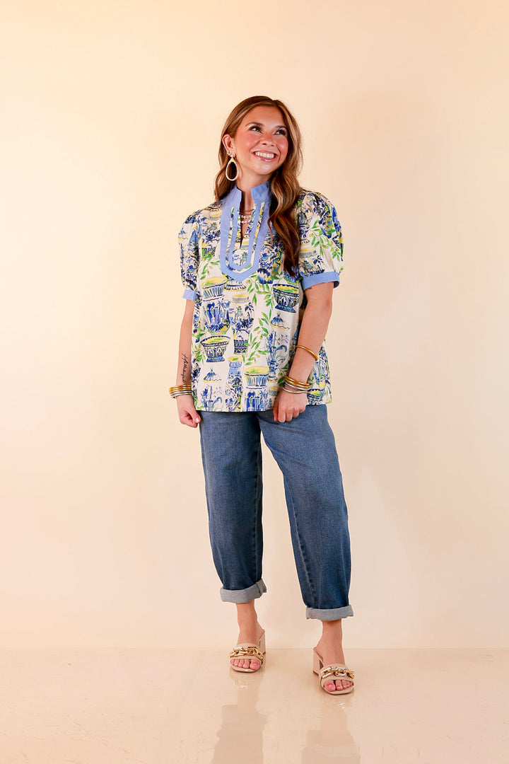 Coast is Clear Vase Print Contrast Trim Top with Puff Sleeves in Blue Multi