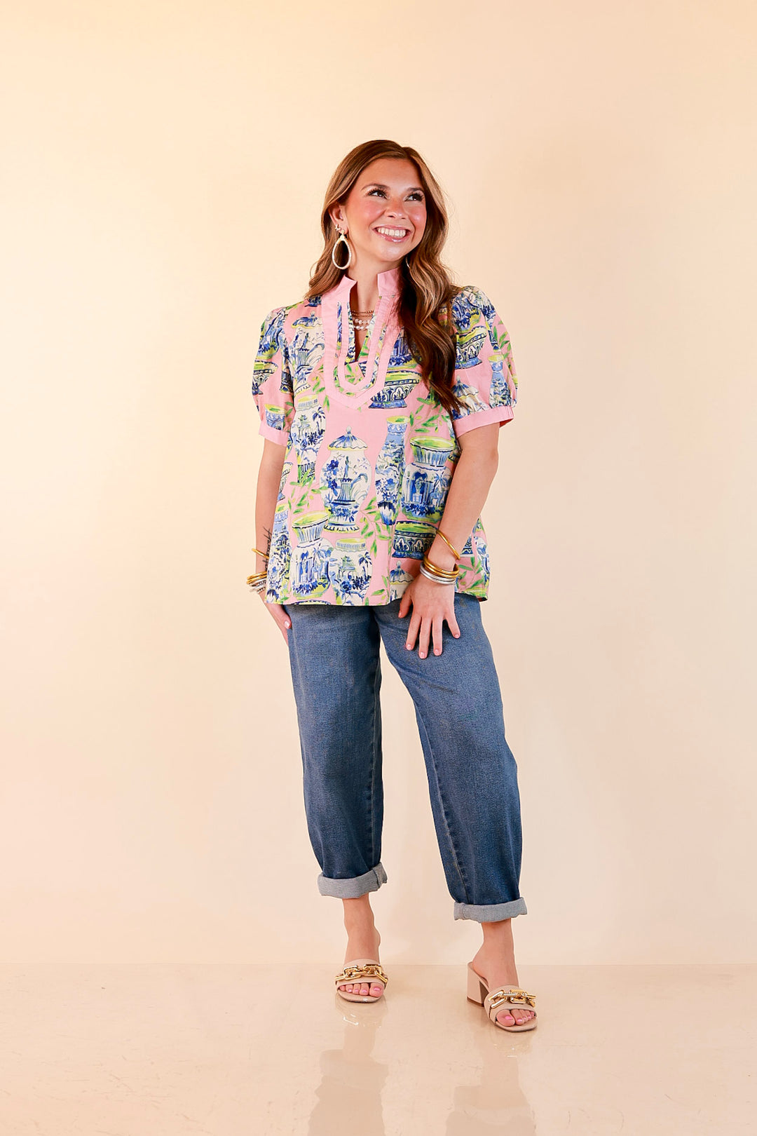 Coast is Clear Vase Print Contrast Trim Top with Puff Sleeves in Coral Pink Multi