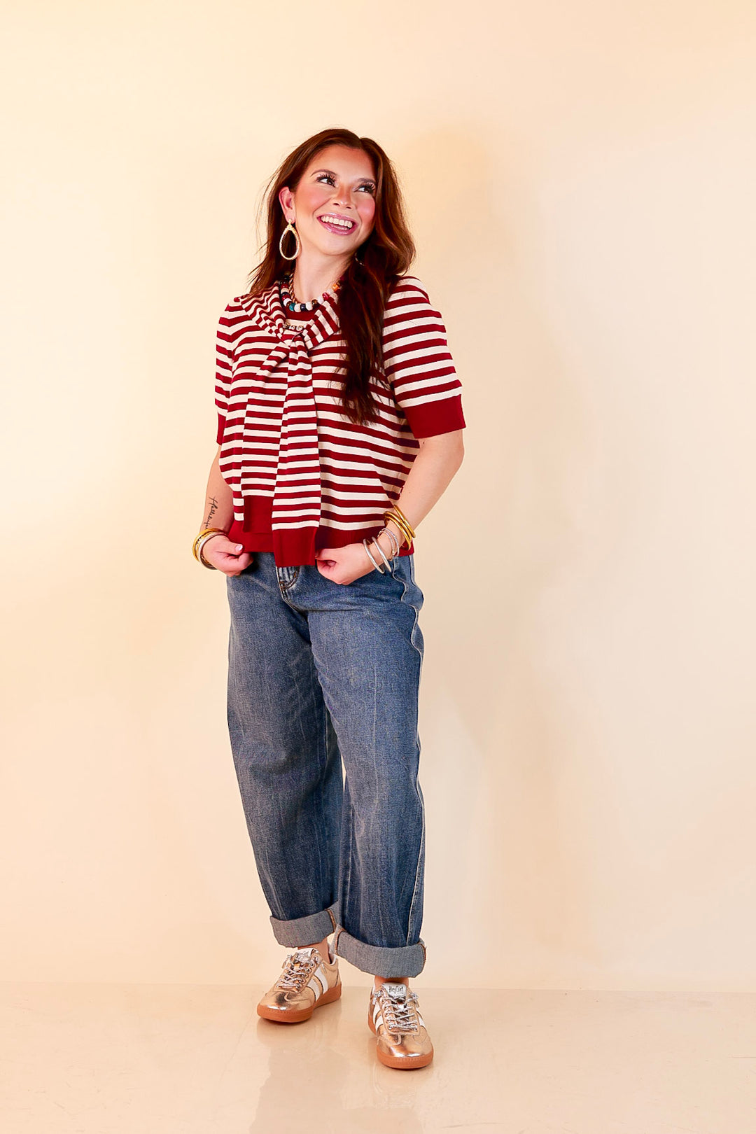 Leading Lady Faux Sweater Tie Detail Short Sleeve Striped Knit Top in Burgundy and Ivory