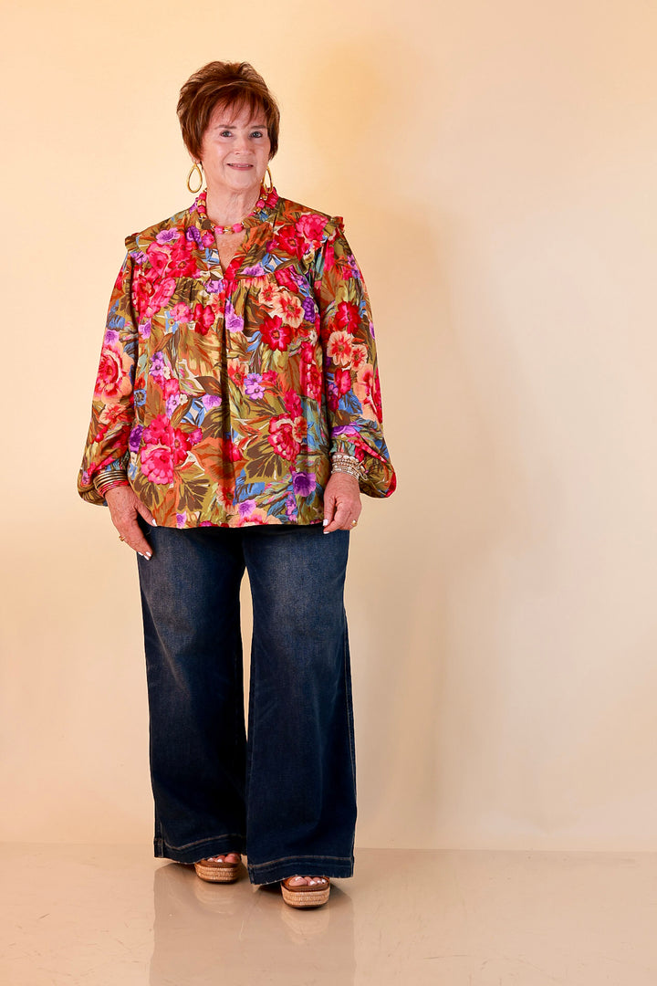 Garden Social Long Sleeve Ruffle Shoulder V-Neck Flowy Floral Print Blouse in Olive Green Multi