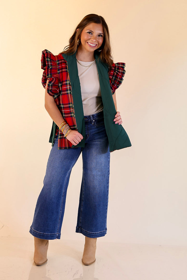 Mud Pie | Jefferies Quilted Plaid Reversible Vest with Ruffle Cap Sleeves and Bow Side Closure in Red
