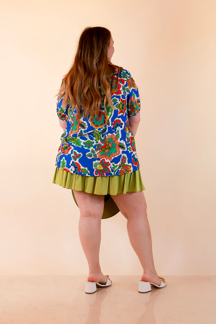 Petal Pop Floral Print Ruffle Front Button Up Top with Puff Sleeves in Royal Blue
