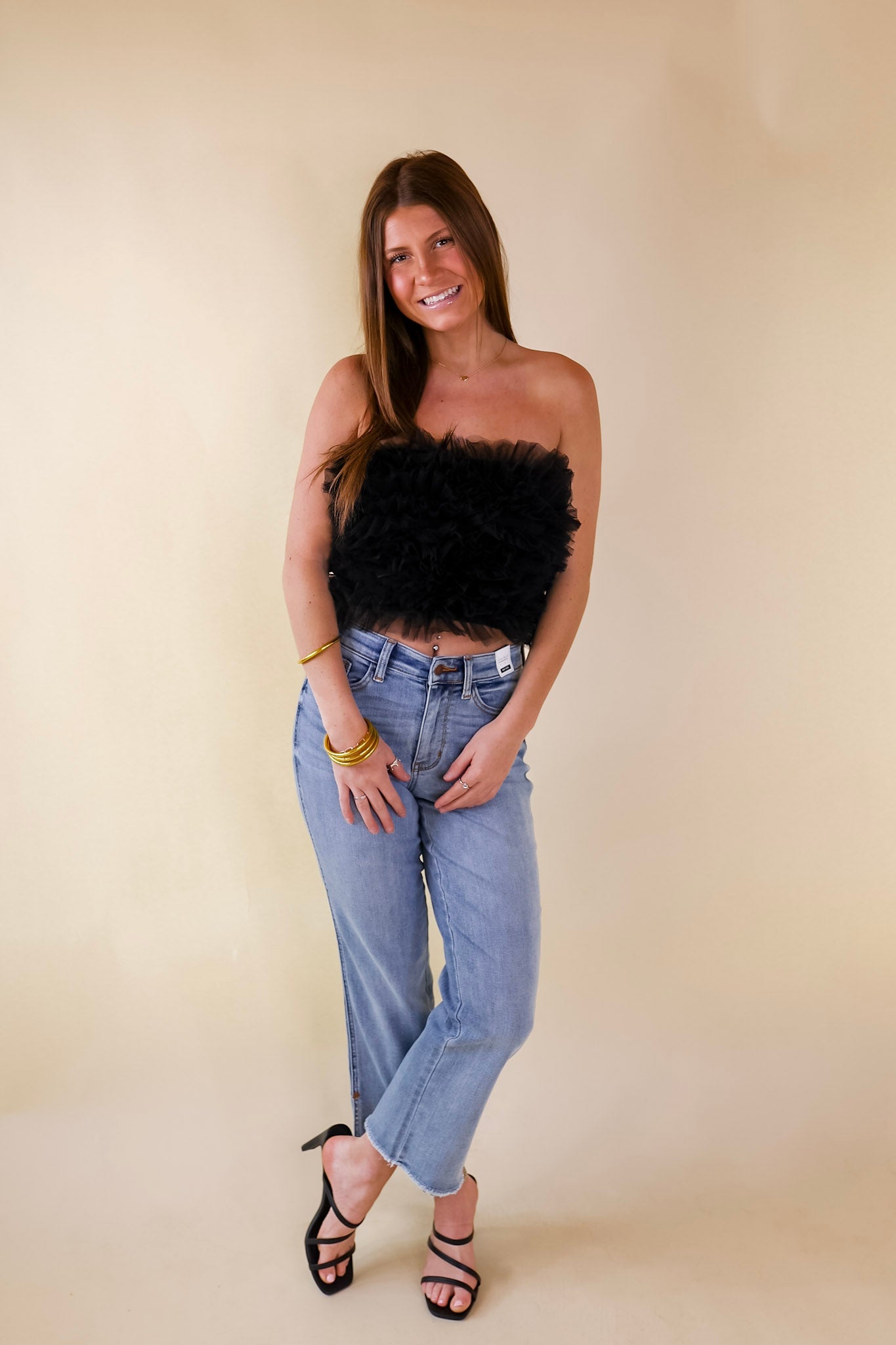 First Class Flair Tulle Cropped Tube Top in Black - Giddy Up Glamour Boutique