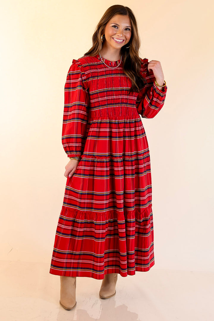 Mud Pie | Walton Smocked Bodice Long Sleeve Plaid Midi Dress with Tiered Skirt in Red