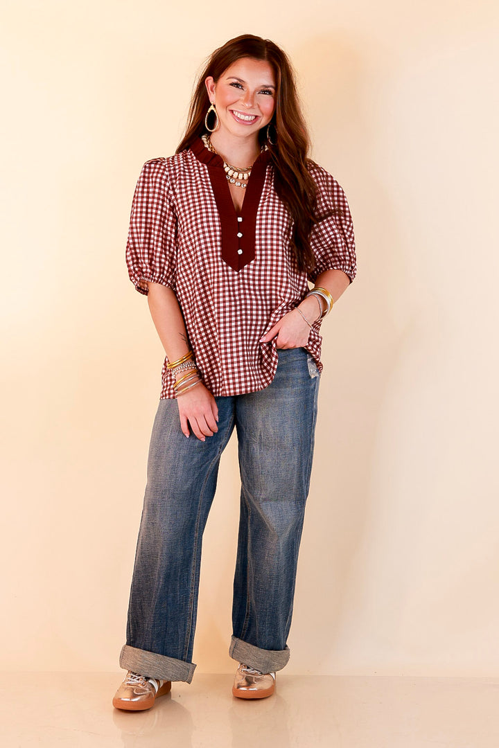 Check the Agenda Contrast V-Neck Button Detail Gingham Puff Sleeve Top in Maroon and Ivory