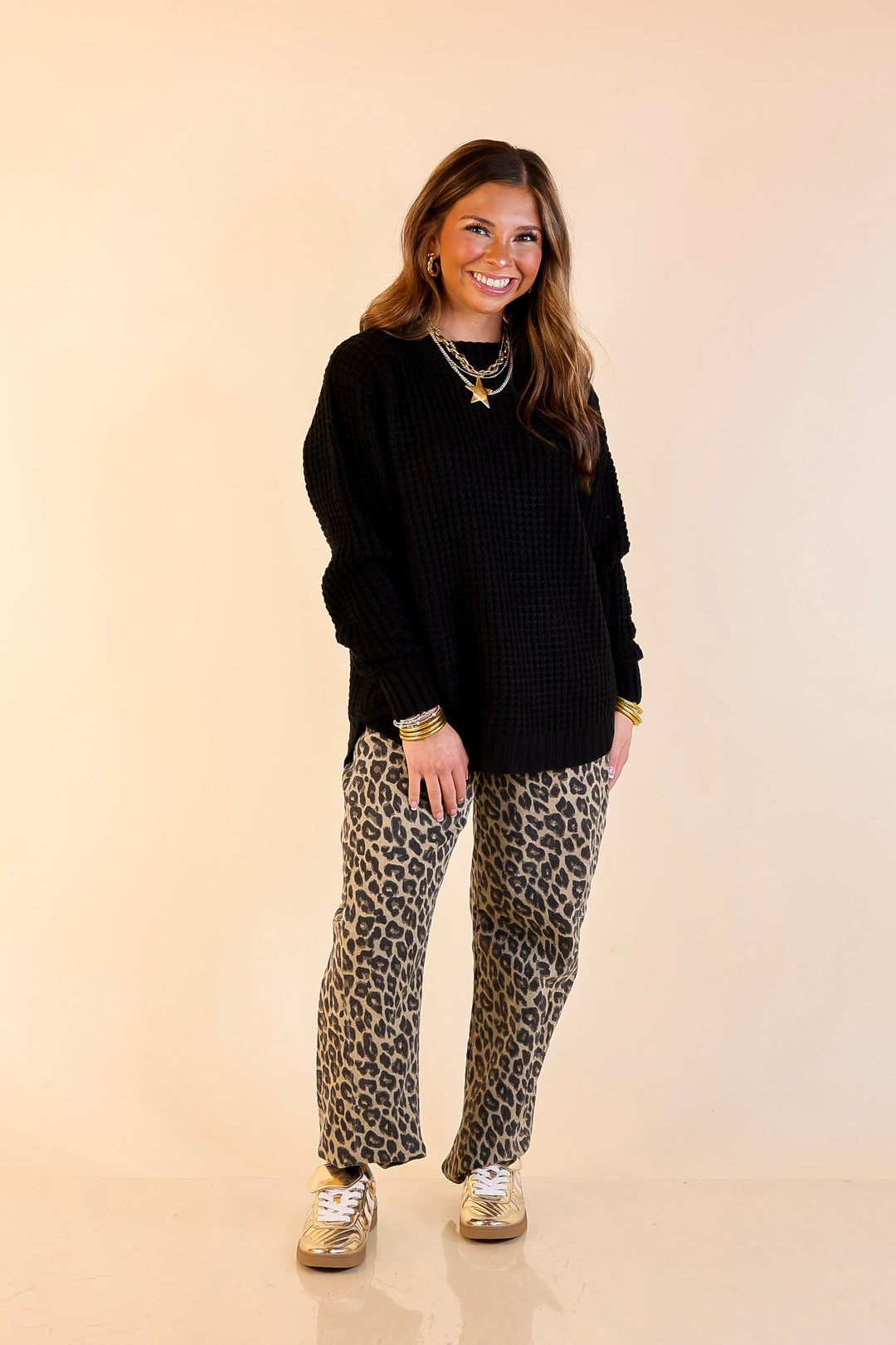 Cool Day Classic Scoop Neck Long Sleeve Large Waffle Knit Sweater in Black