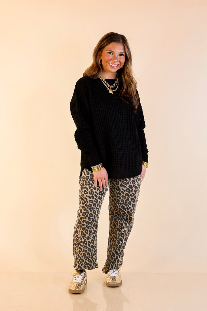 Cool Day Classic Scoop Neck Long Sleeve Large Waffle Knit Sweater in Black