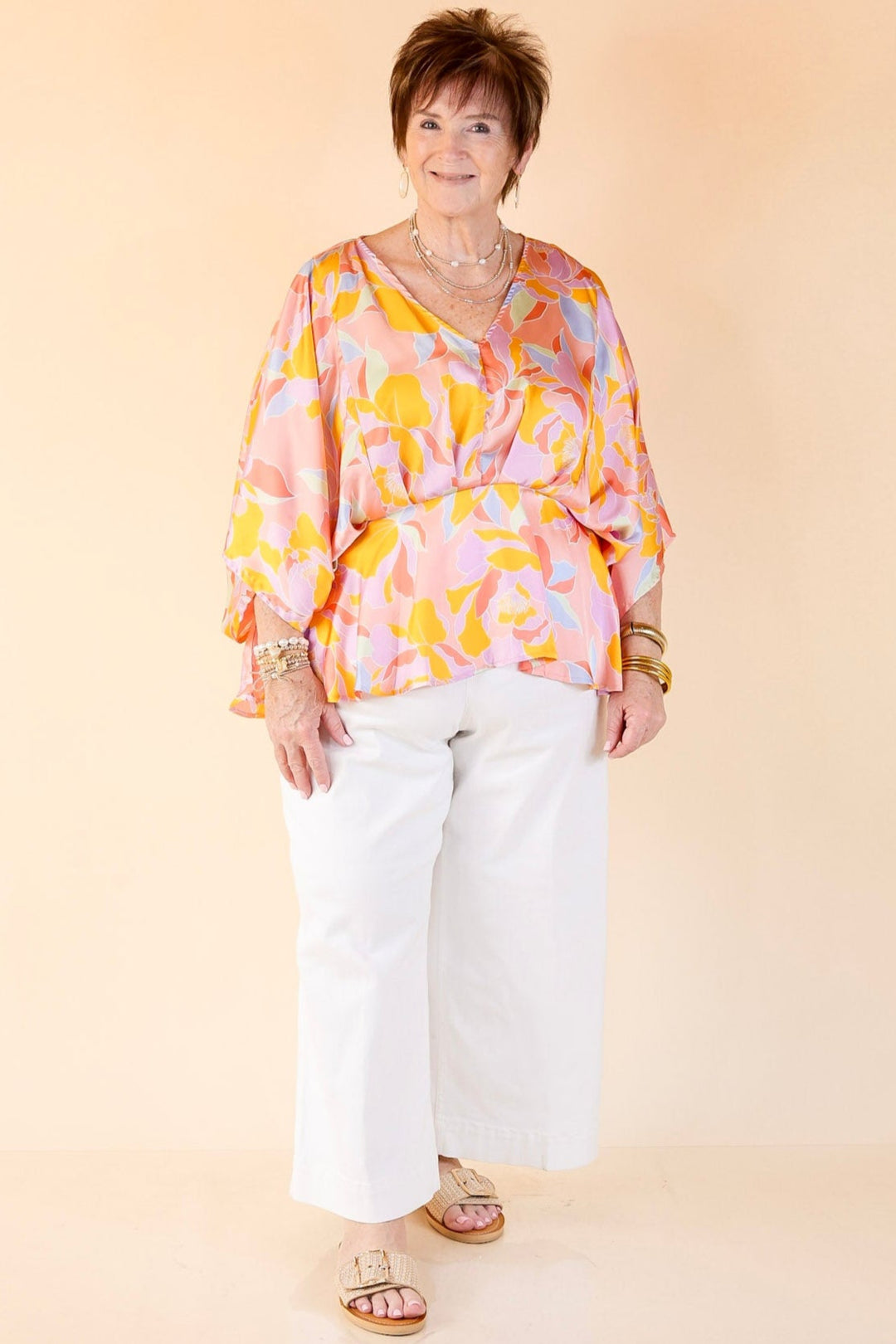 Hear the Music Drop Sleeve Satin Mosaic Print V Neck Peplum Top in Coral Pink Mix