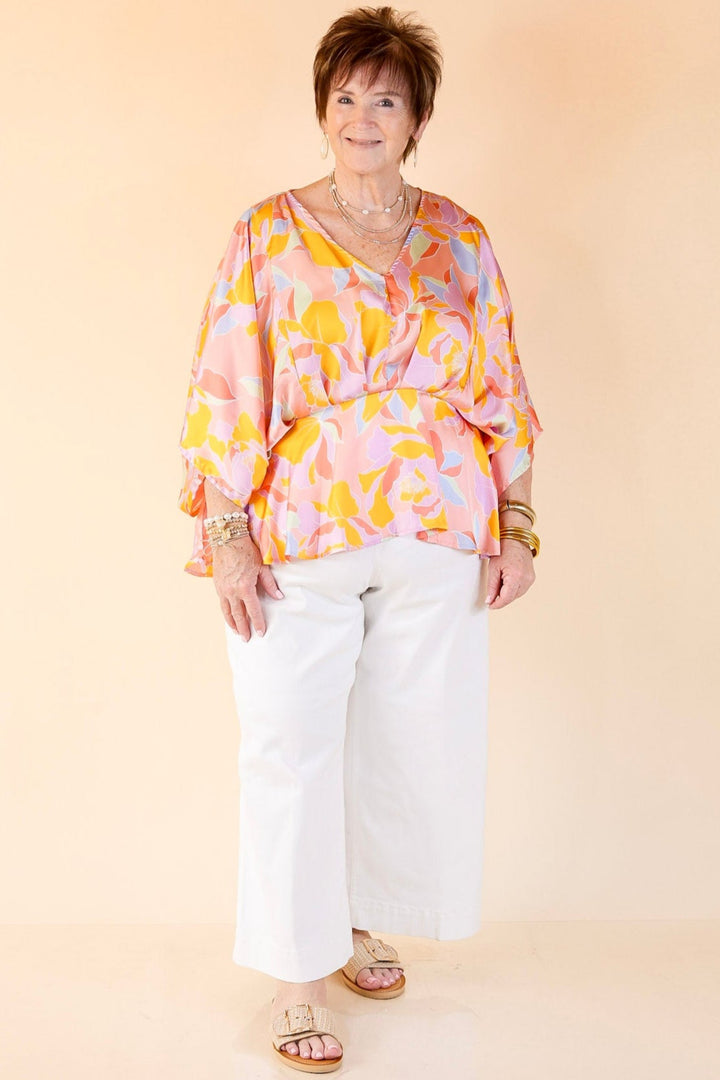 Hear the Music Drop Sleeve Satin Mosaic Print V Neck Peplum Top in Coral Pink Mix