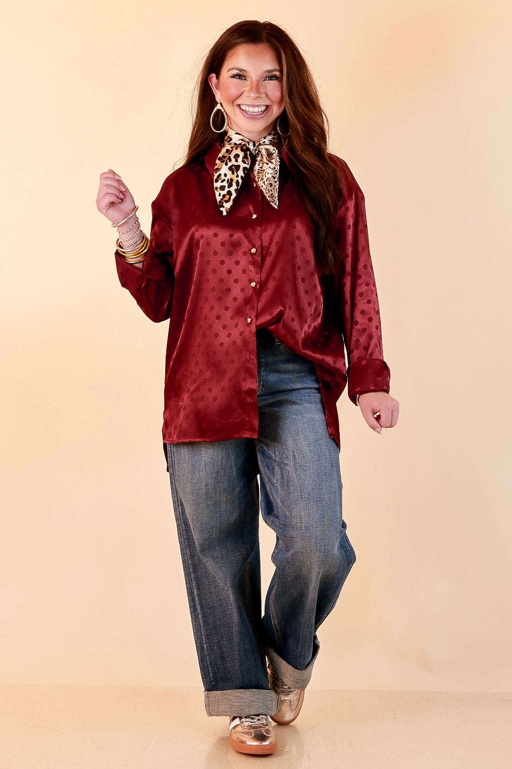 Polished Point of View Satin Collared Polka Dot Button Down Blouse with Gold Buttons in Maroon