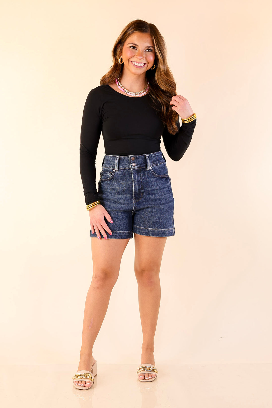 Judy Blue | Off-Duty Essential Tummy Control Trouser Shorts with Double Button Waistband in Dark Wash