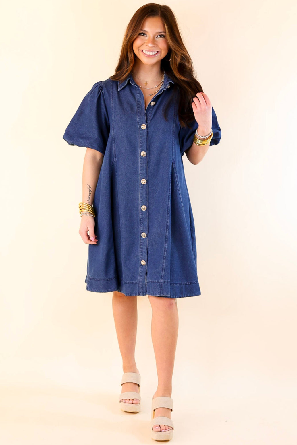 Denim Diva Button Up Denim Dress with Short Puff Sleeves