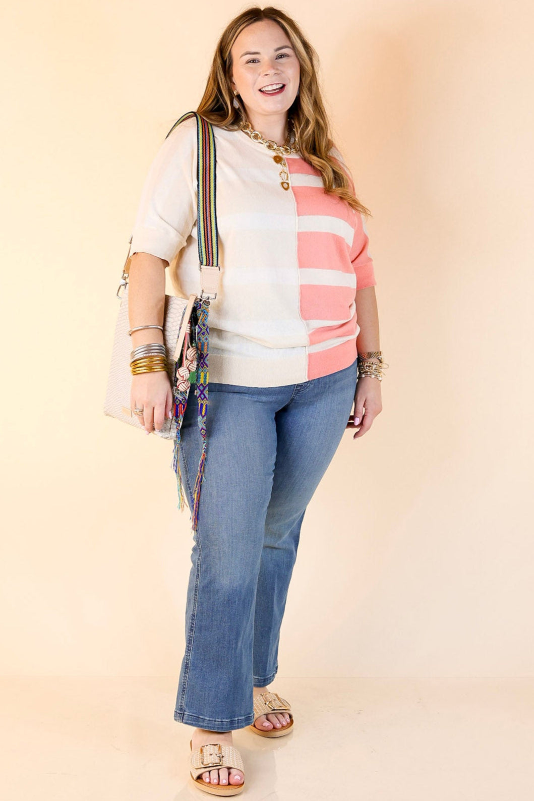 Urban Chic Color Block Striped Knit Top in Cream and Coral