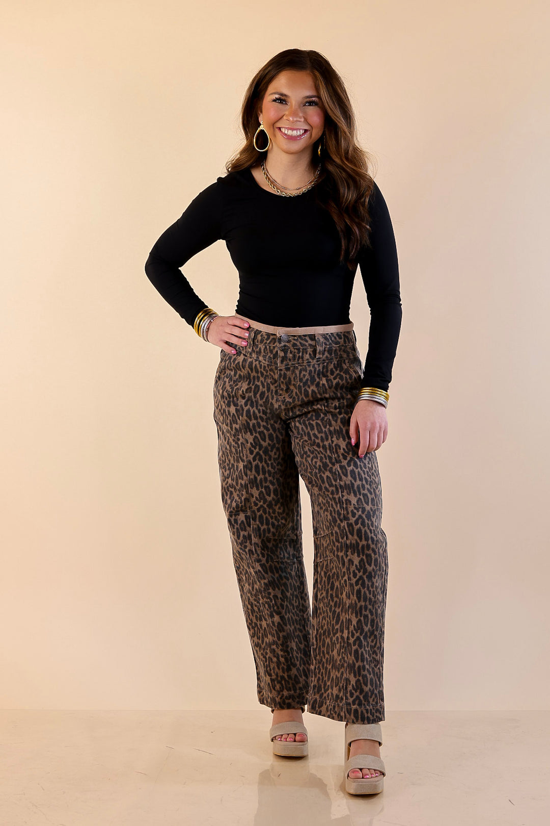 Risen | Wild Card Leopard Print Denim Barrel Jeans in Brown