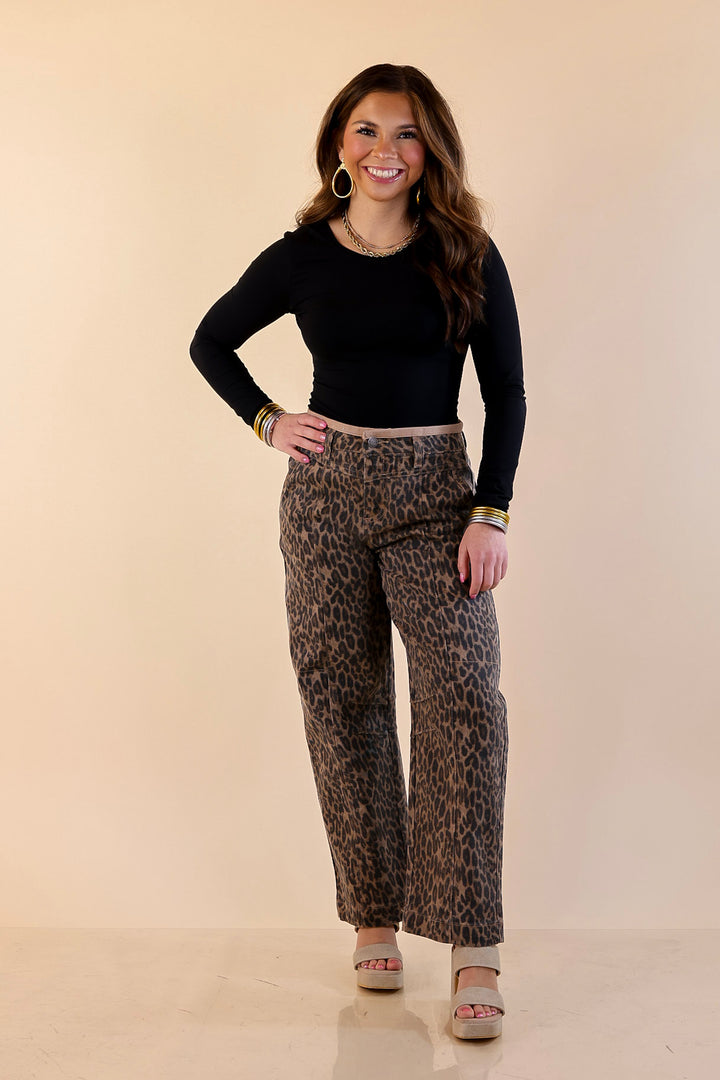 Risen | Wild Card Leopard Print Denim Barrel Jeans in Brown