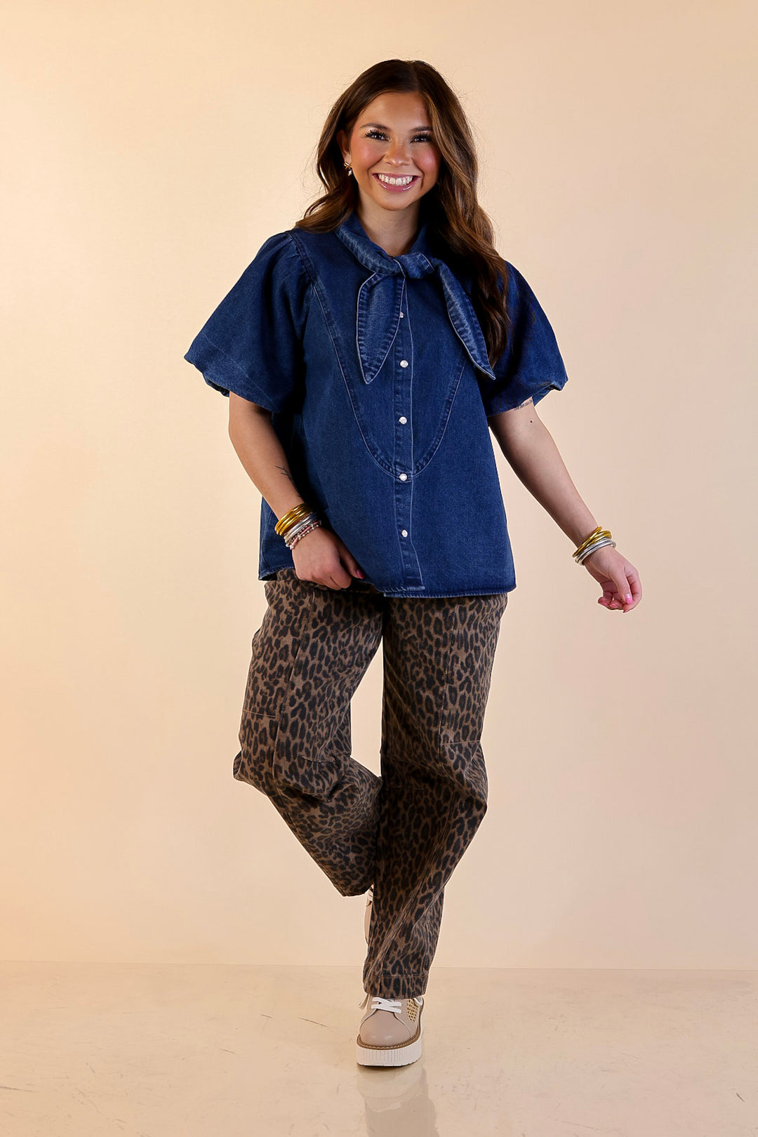 Tie the Moment Denim Pearl Snap Button Front Top with Statement Tie Neckline and Puff Sleeves in Medium Wash