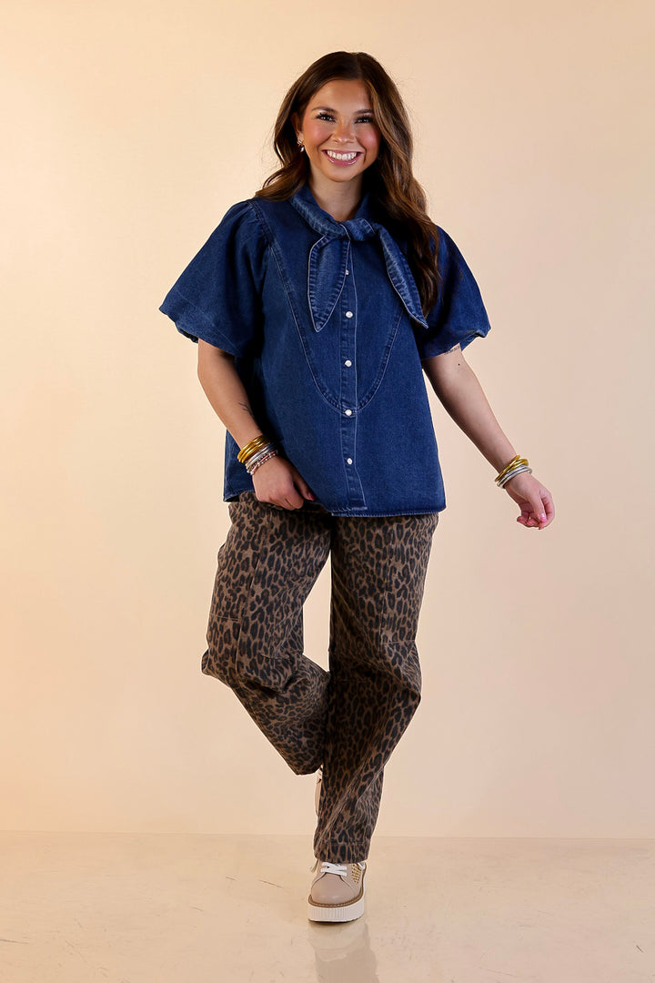 Tie the Moment Denim Pearl Snap Button Front Top with Statement Tie Neckline and Puff Sleeves in Medium Wash