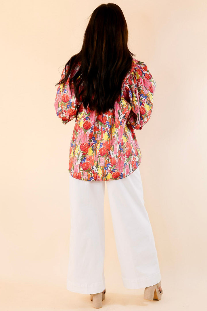 Blissful Bloom Floral Print Top with Puff Sleeves in Pink Mix