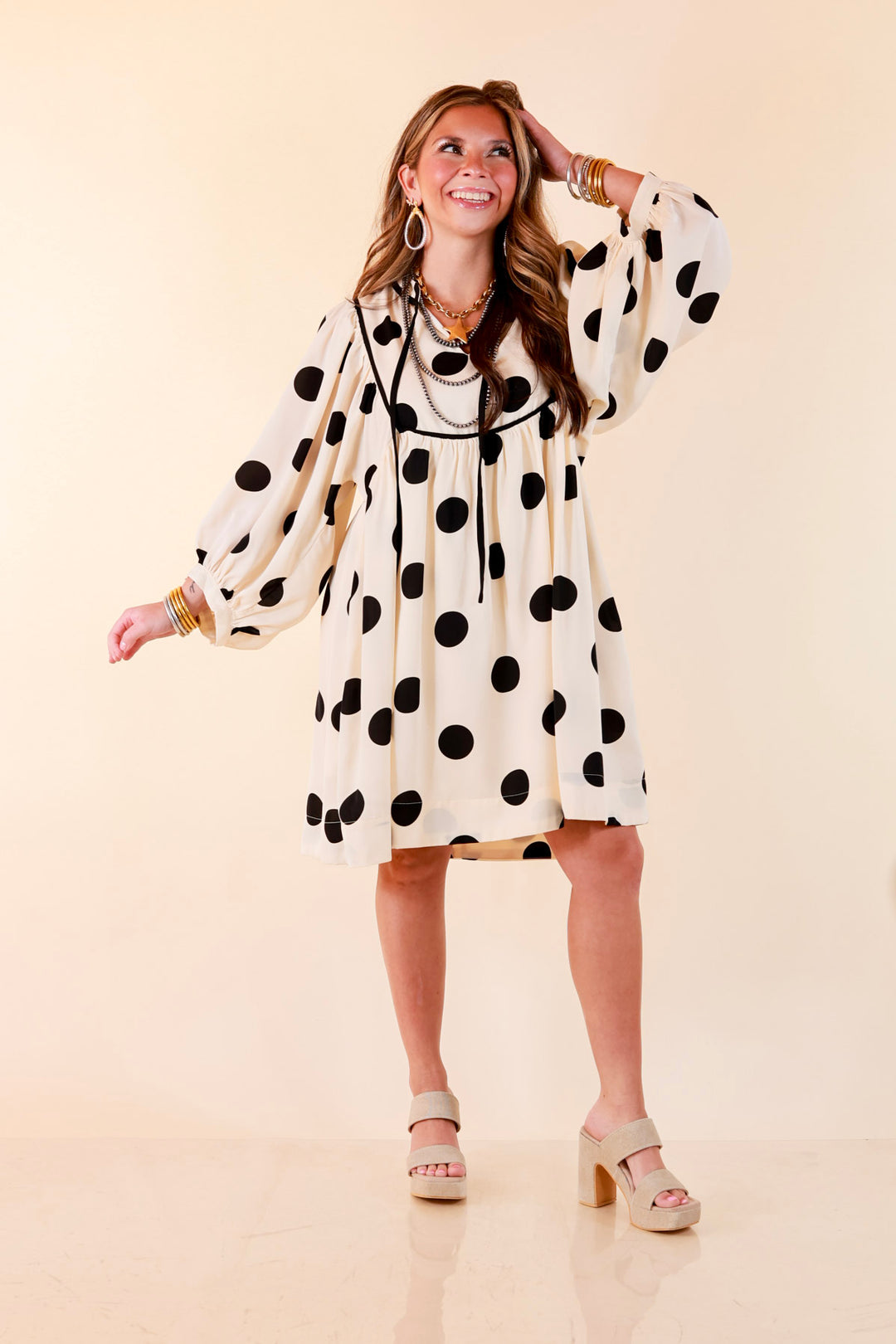 Tea Time Charm Polka Dot Babydoll Dress with Neck Tie and Yoke Detailing in Ivory with Black Dots