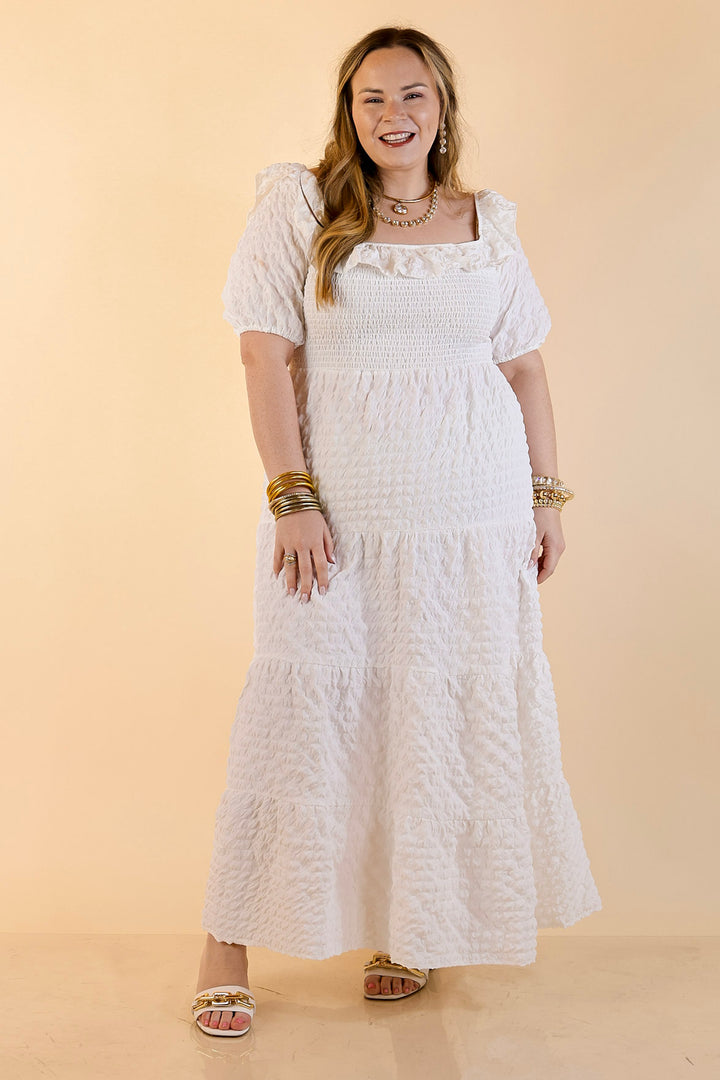Simply Southern | Radiant Moment Textured Smocked Bodice Tiered Maxi Dress with Puff Sleeves in White