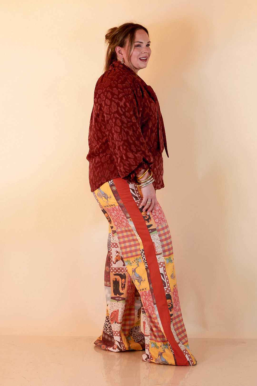 Western State of Mind Wide Leg Patchwork Cowboy Print Pants in Multicolor