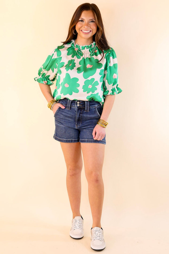 Divine Design Floral Blouse With Puffed Sleeve and Ruffle Neckline in Green