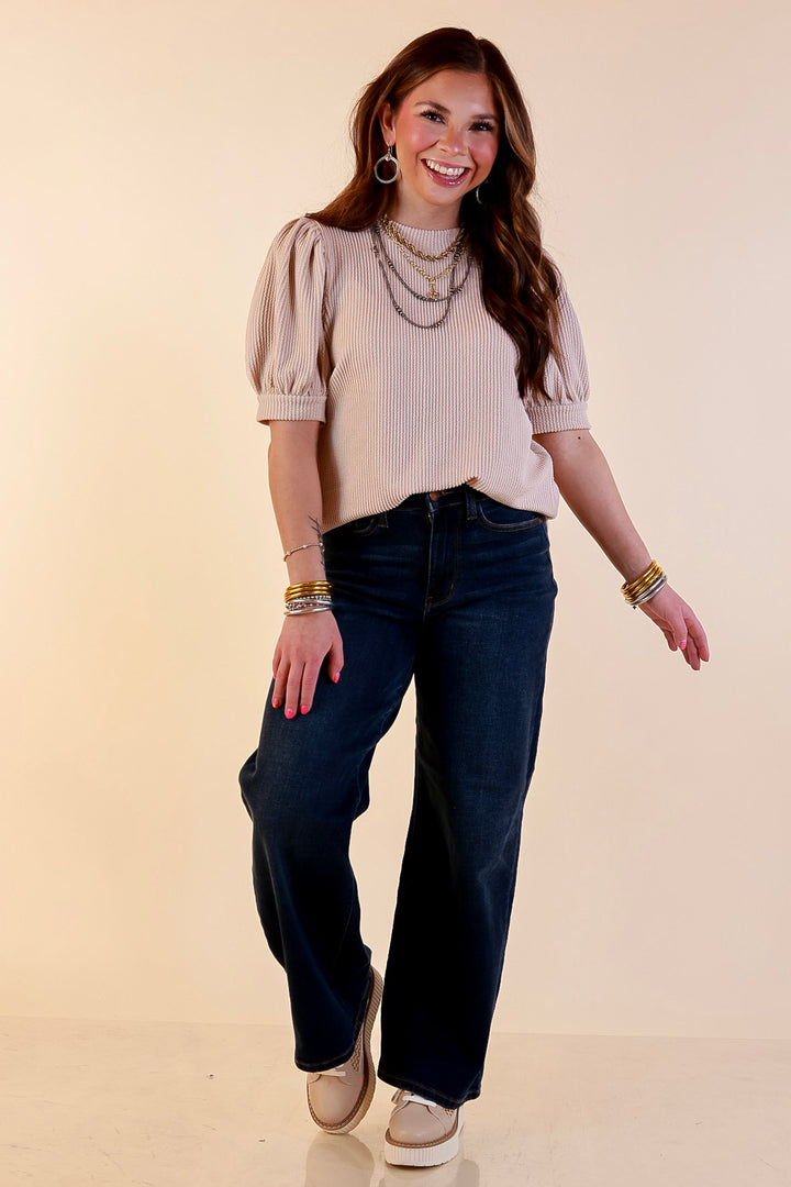 Sweet Sophistication Puff Short Sleeve Ribbed Top with Scoop Neck in Beige