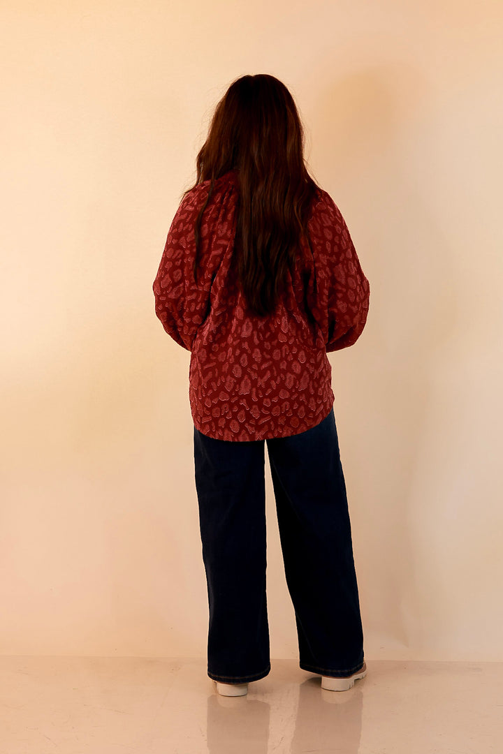 Commanding Attention Tie Neck Velvet Animal Print Balloon Sleeve Blouse in Burgundy