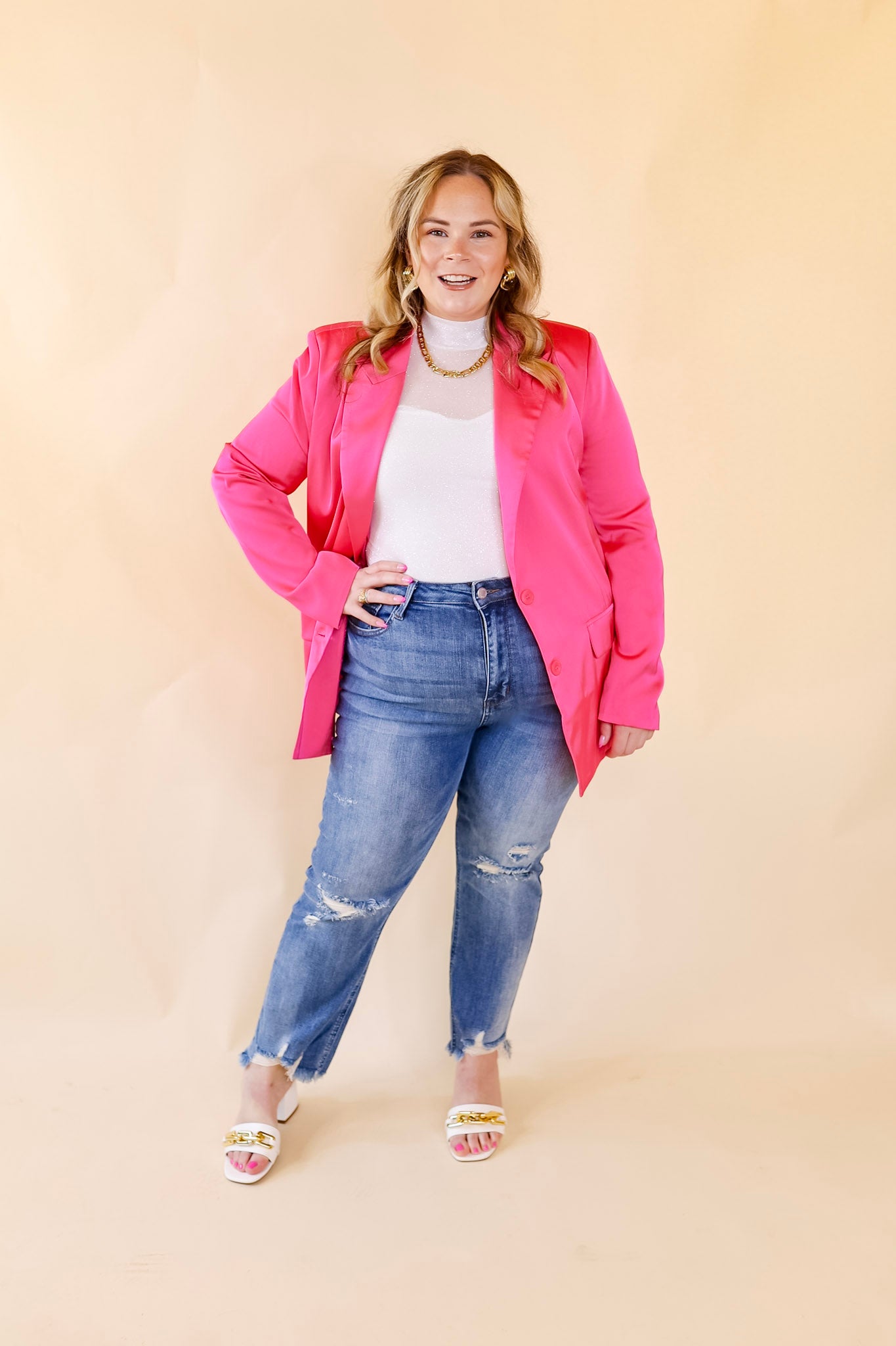 Touch Of Luxury Long Sleeve Satin Blazer in Hot Pink - Giddy Up Glamour Boutique