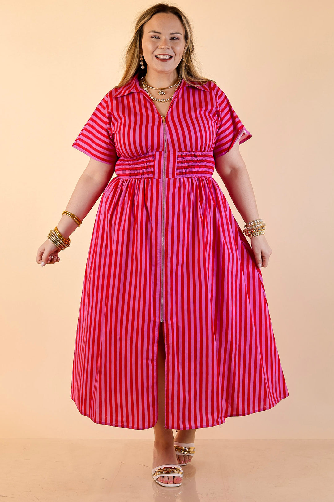 Modern Charm Zip Front Midi Striped Print Dress with Smocked Waist and Short Sleeves in Pink and Red