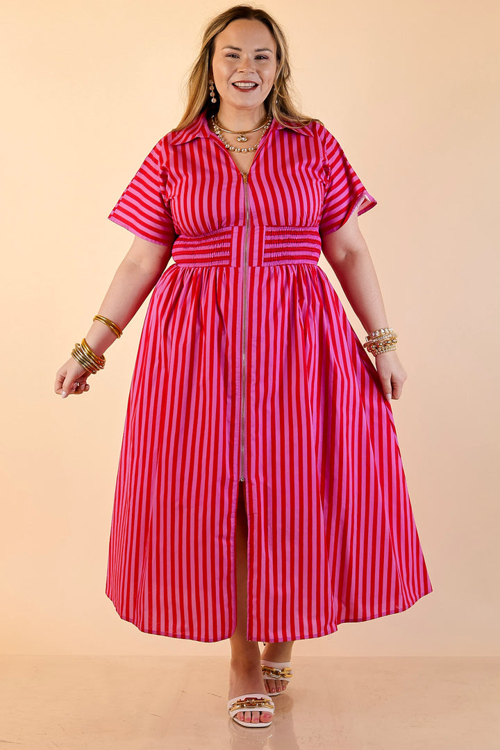 Modern Charm Zip Front Midi Striped Print Dress with Smocked Waist and Short Sleeves in Pink and Red