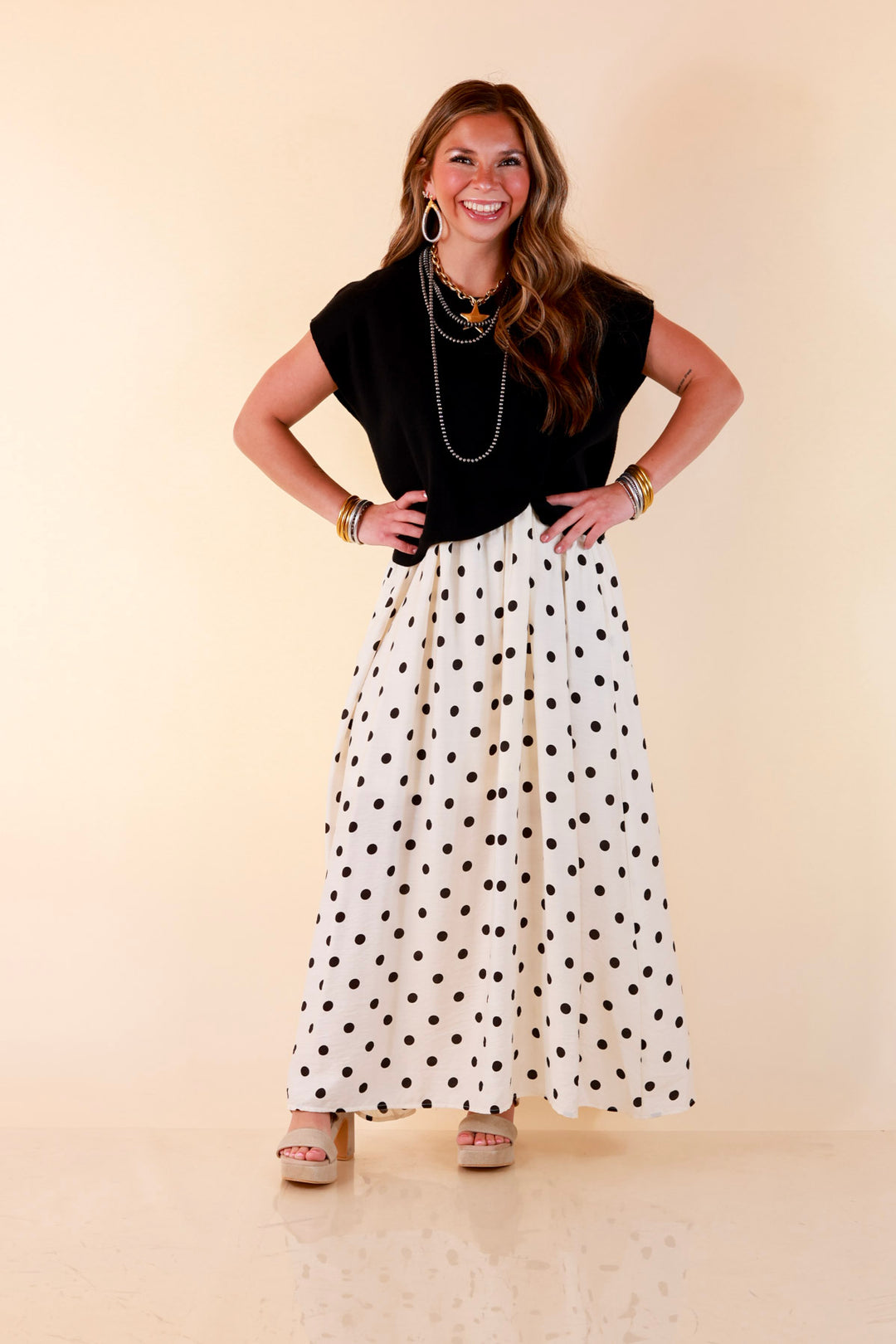 Two Ways to Charm Polka Dot Spaghetti Strap Dress Set with Detachable Black Top in Cream