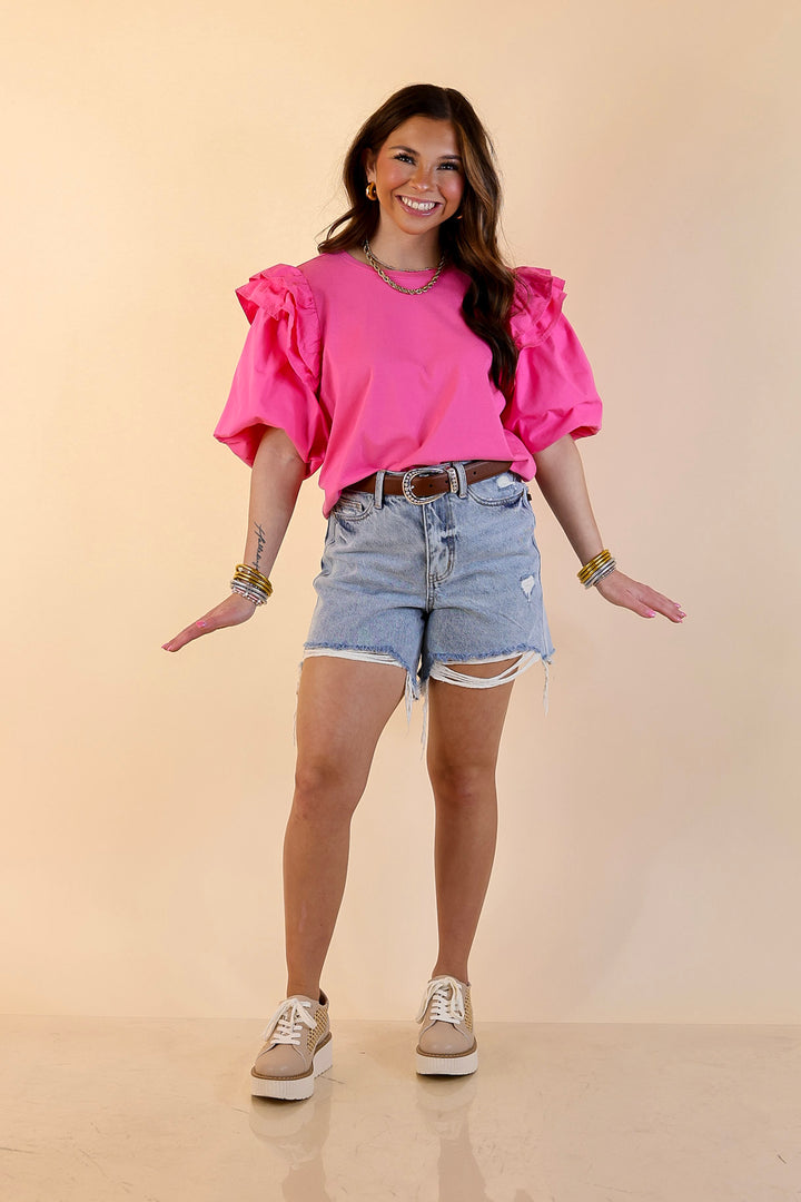 Mud Pie | Standout Style Ruffle Puff Sleeve Knit Top in Hot Pink