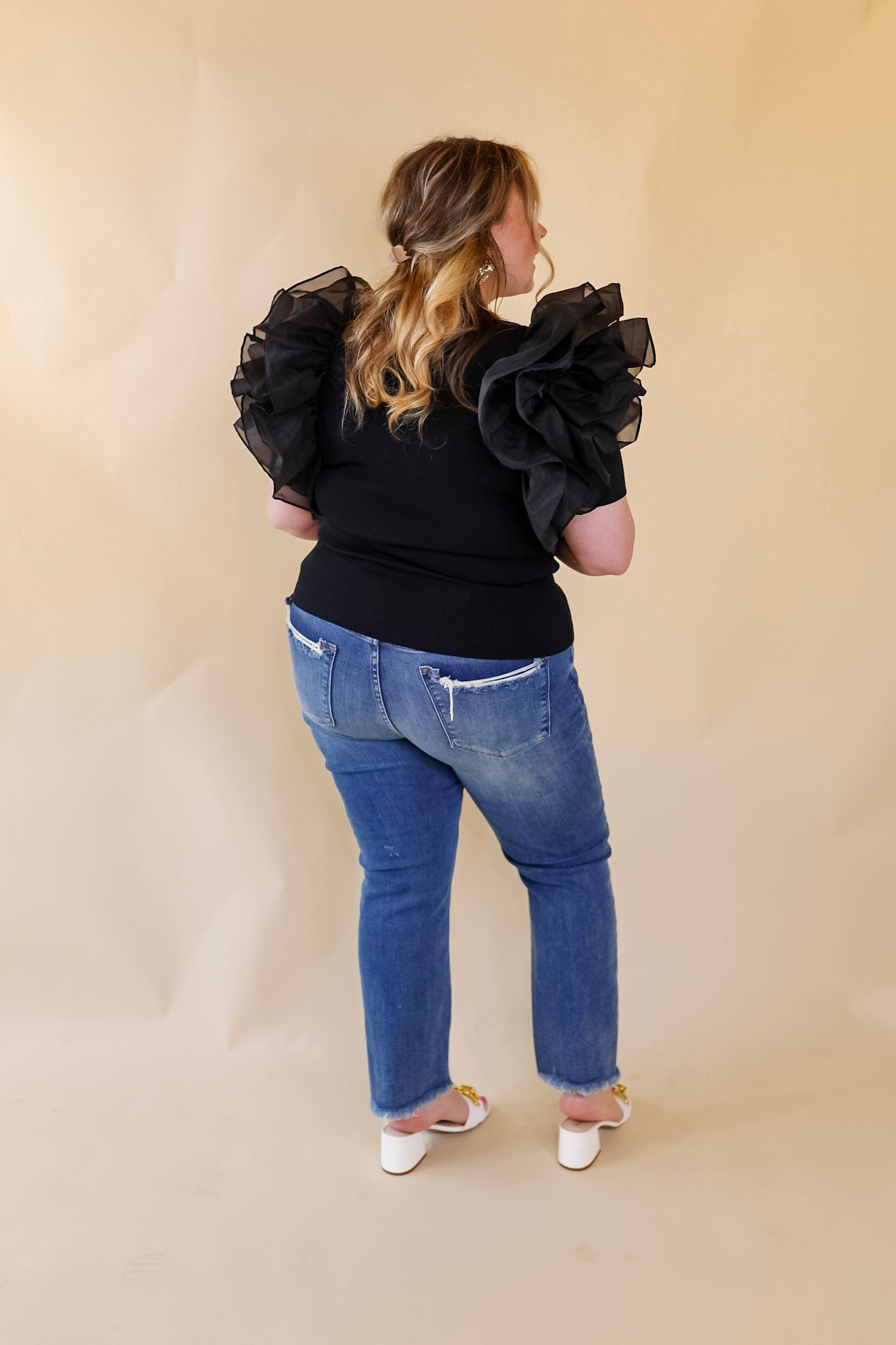 The Party Goes On Ribbed Fitted Top with Ruffle Sleeves in Black - Giddy Up Glamour Boutique