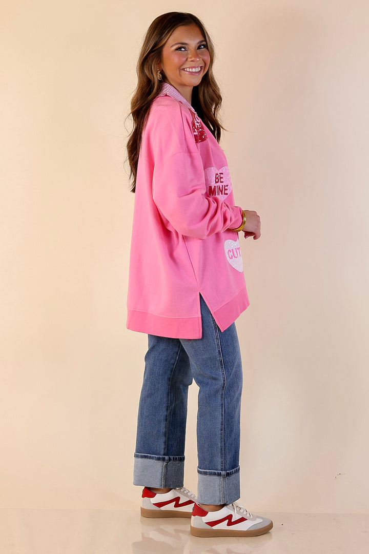 Mud Pie | Sweet on Repeat Oversized Sequin Conversation Hearts Graphic Sweatshirt in Pink