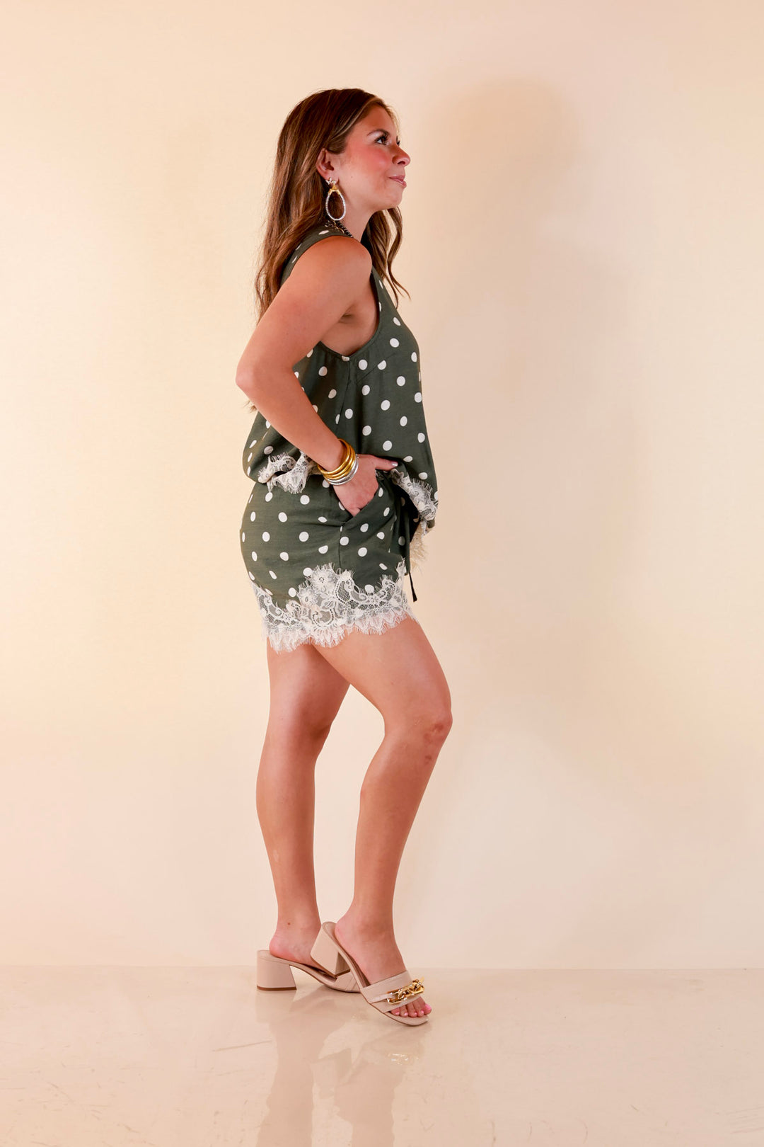 Pretty Little Something Polka Dot Drawstring Shorts with Lace Trim in Olive Green