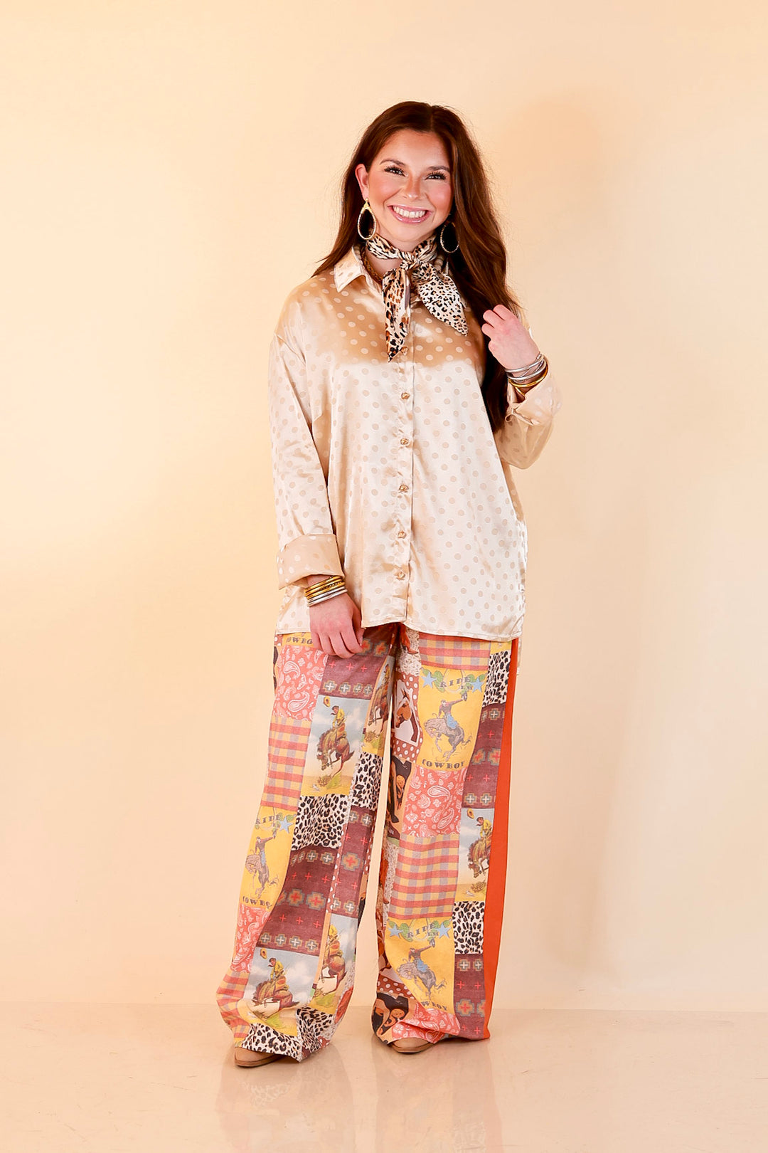 Polished Point of View Satin Collared Polka Dot Button Down Blouse with Gold Buttons in Champagne