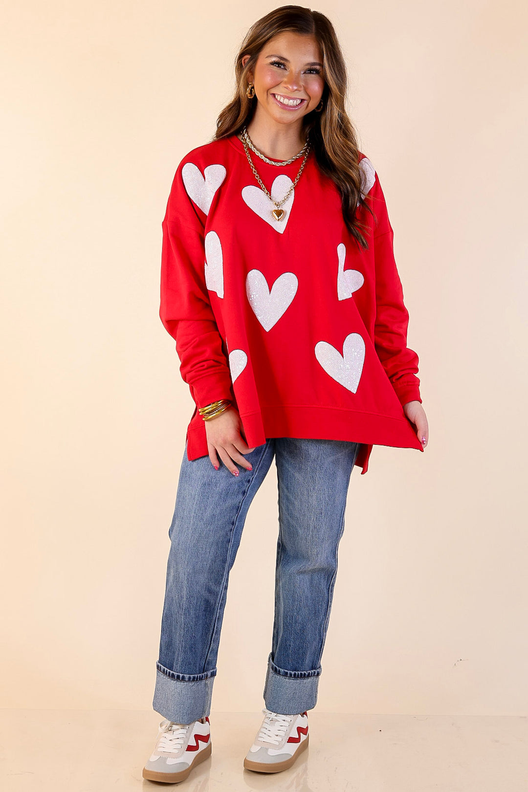 Mud Pie | Heart on My Sleeve Oversized Sequin Hearts Graphic Sweatshirt in Red