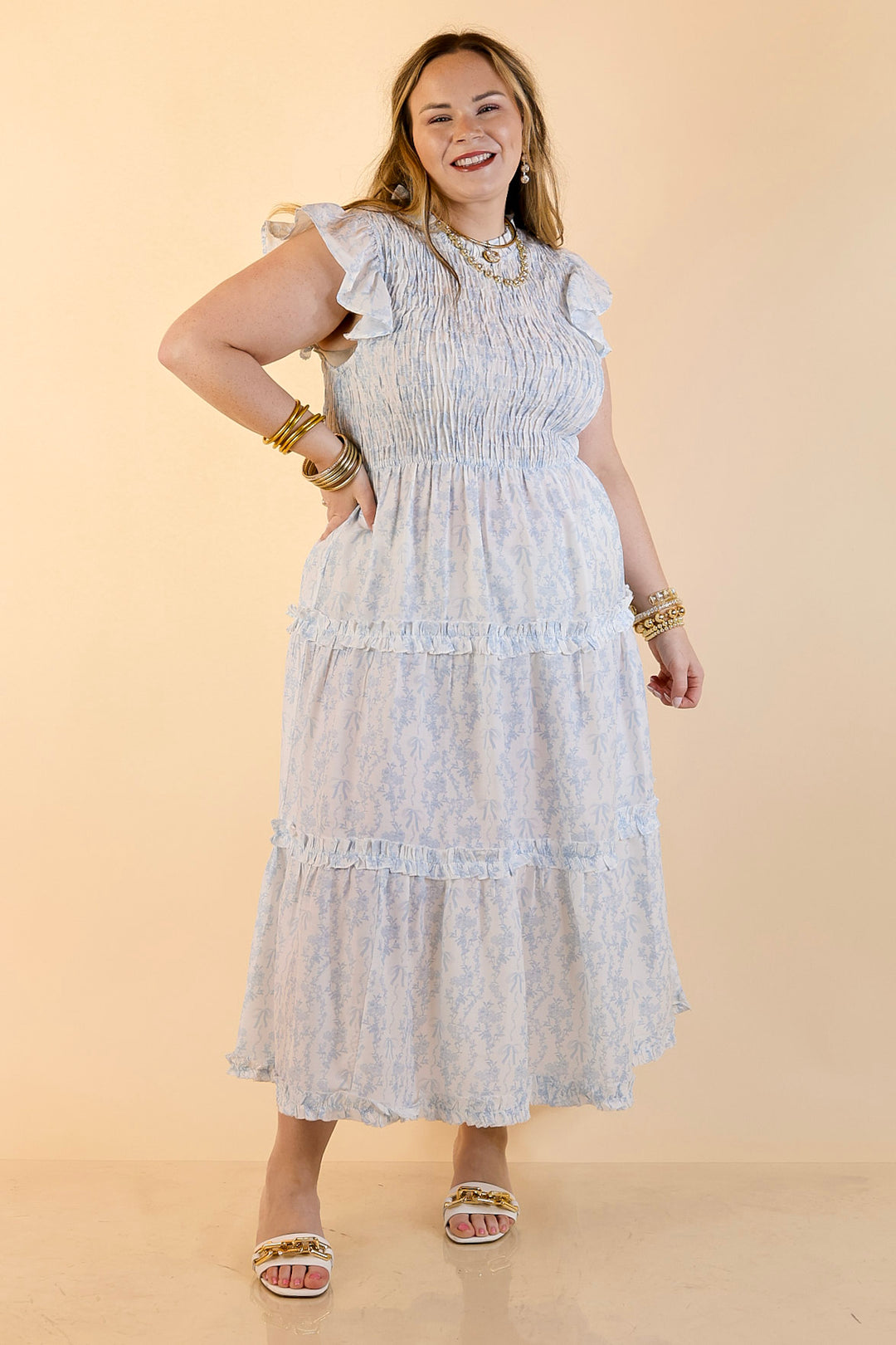 Mud Pie | Graceful Charm Smocked Toile Print Tiered Midi Dress with Ruffle Sleeves in Blue and White