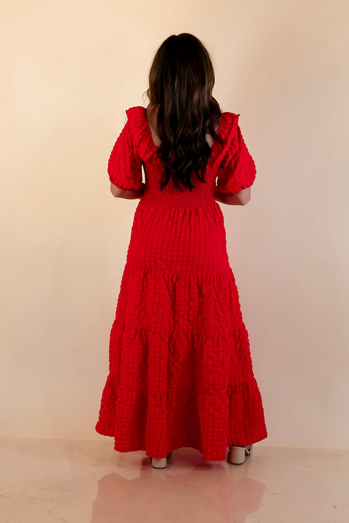 Simply Southern | Radiant Moment Textured Smocked Bodice Tiered Maxi Dress with Puff Sleeves in Red