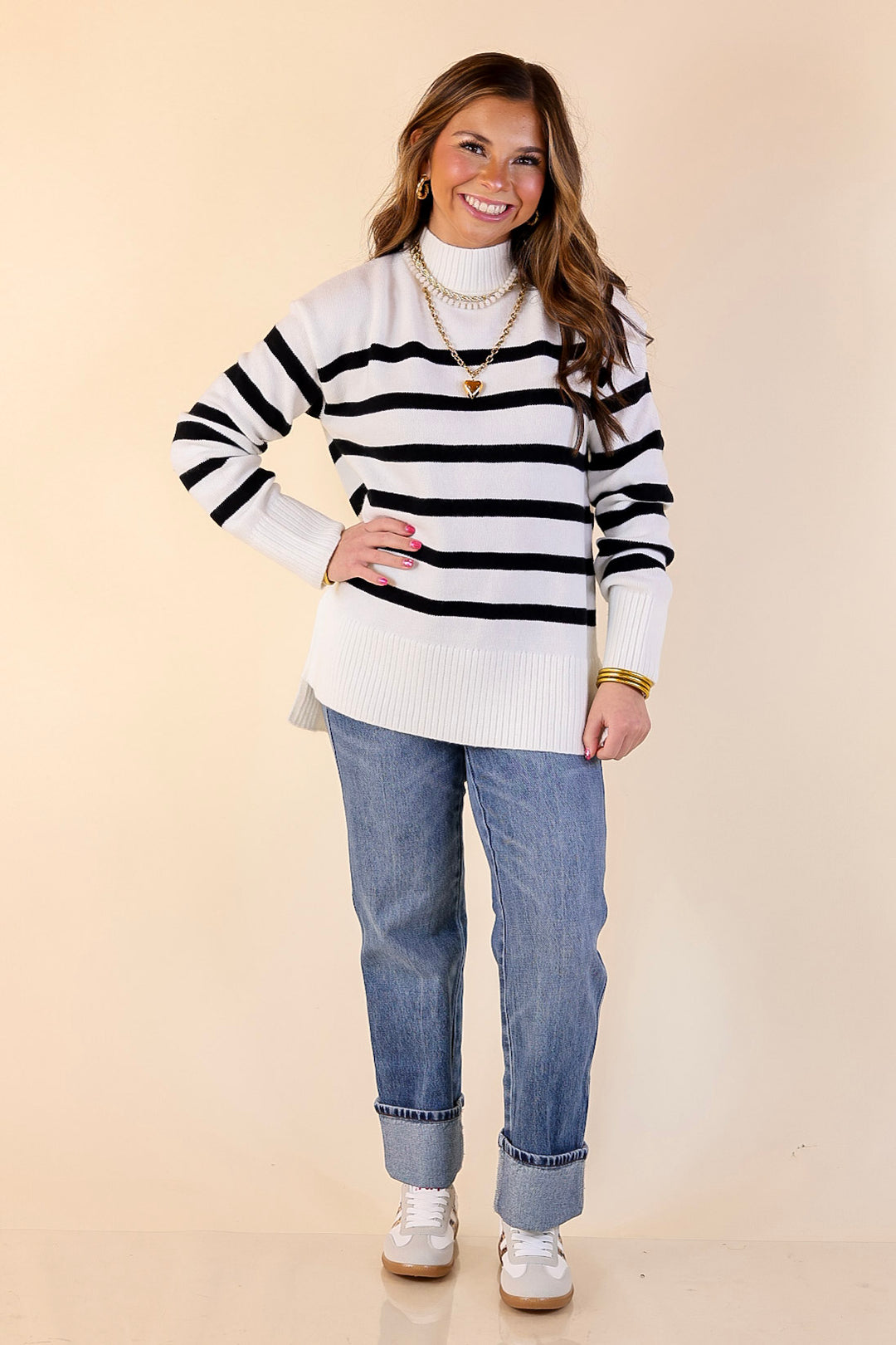 Chilly Day Charm Mock Neck Long Sleeve High-Low Striped Sweater in Ivory with Black Stripes