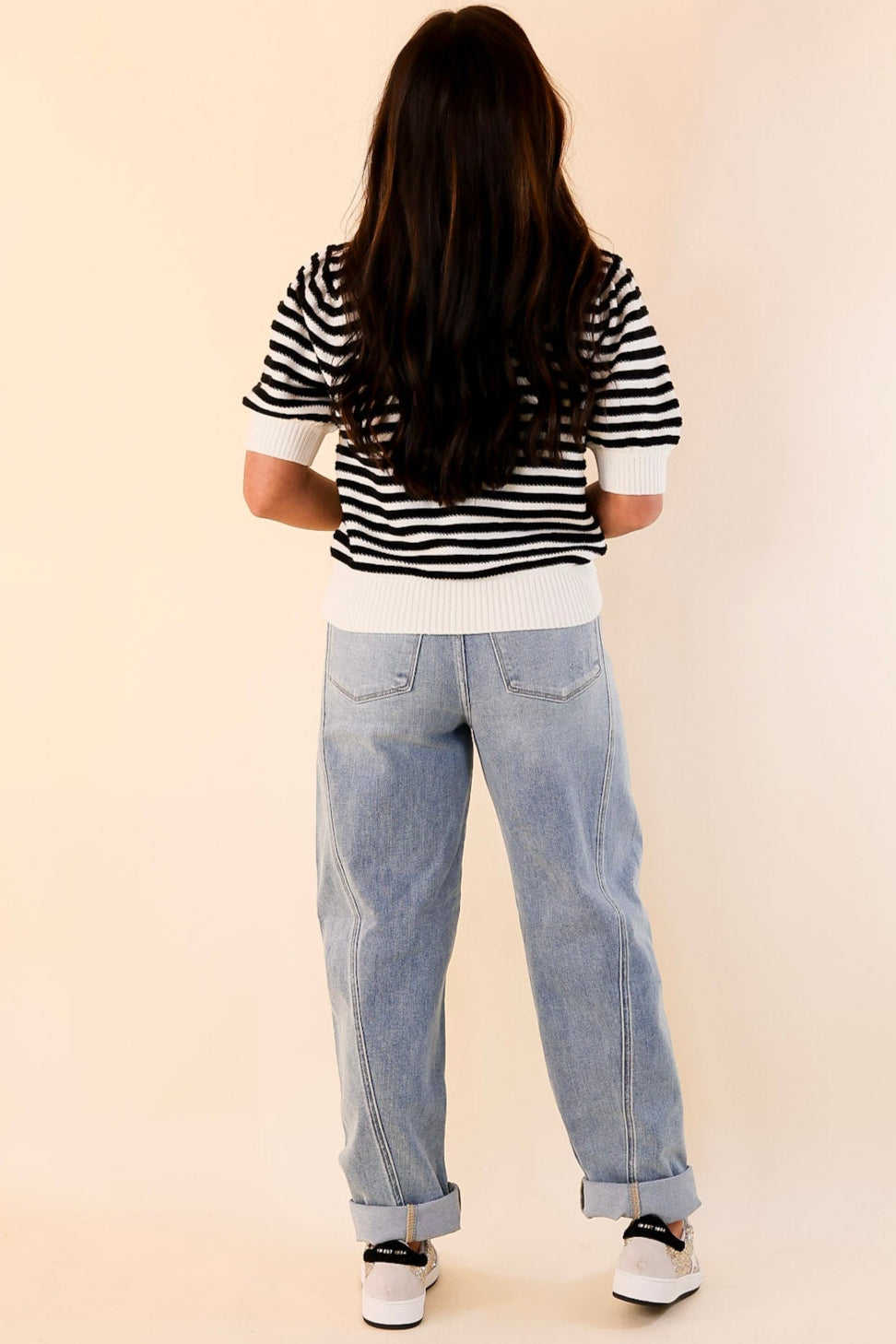 Notice Me Now Short Sleeve V Neck Striped Sweater with Bows in Off White and Black