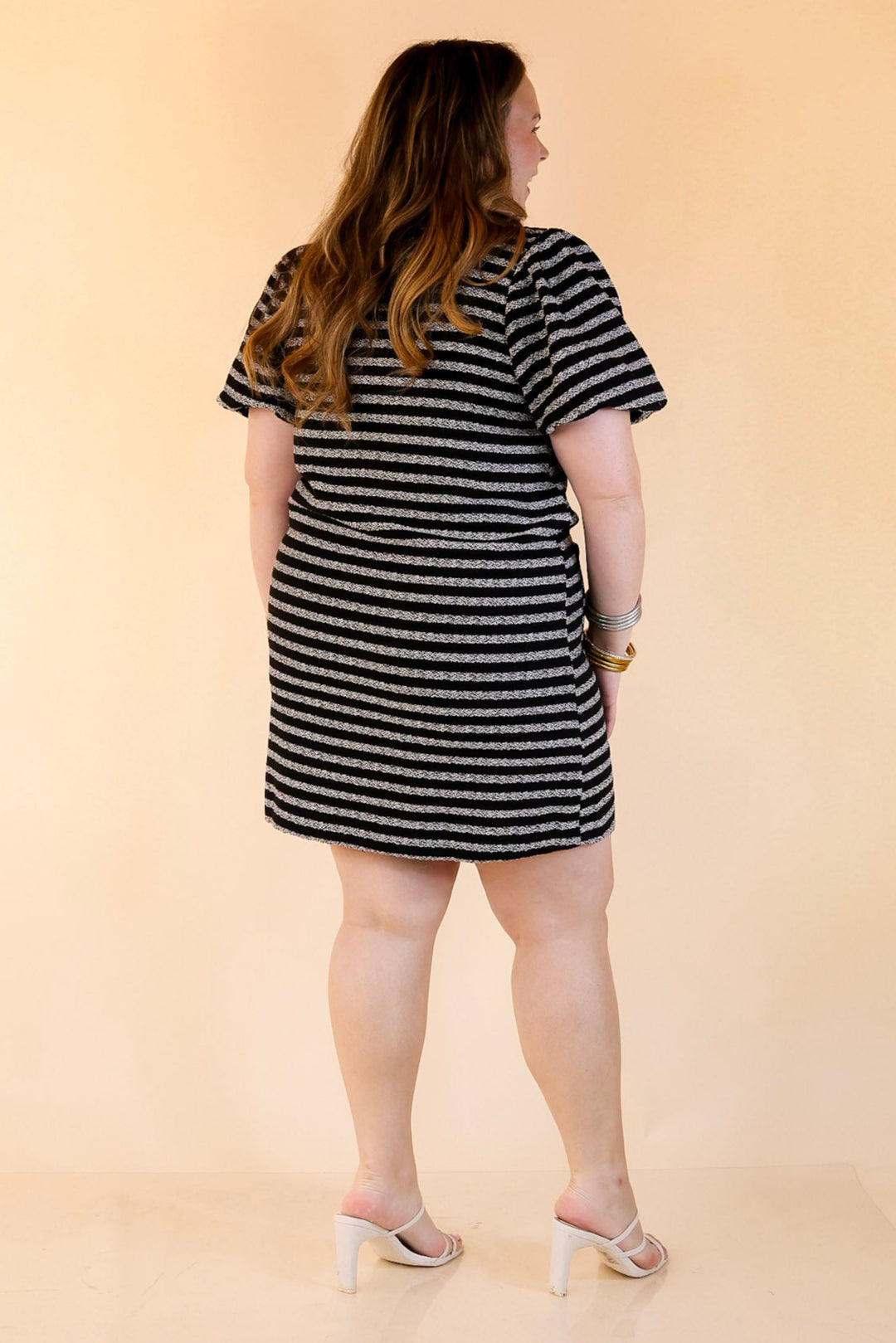 Stripes of Elegance A-Line Button-Up Dress With Puff Sleeves, and Bow Detail in Black